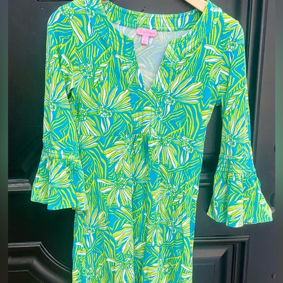 Lilly Pulitzer Floral Cotton Bell Sleeve Dress Blue/Green Small - Picture 1 of 6